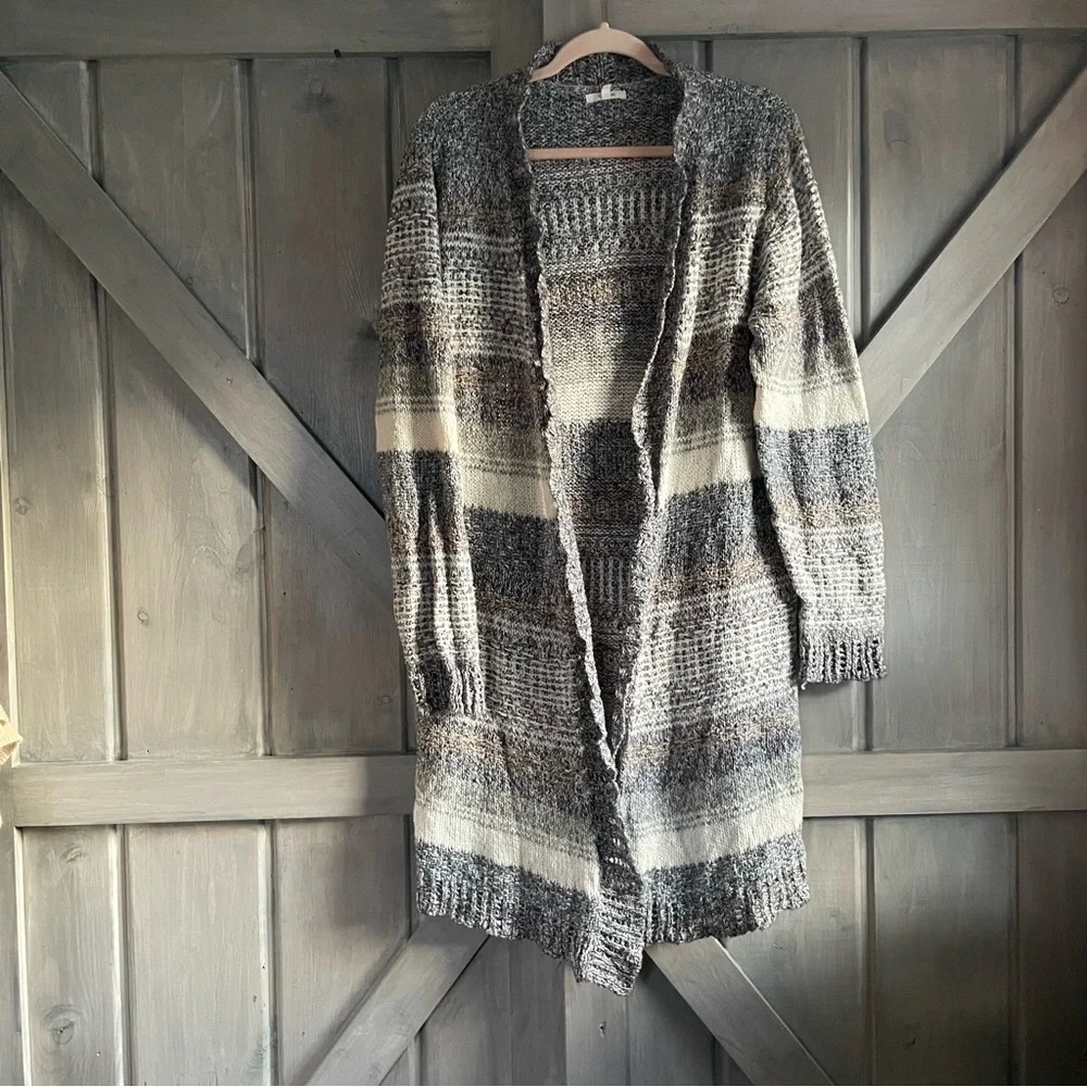 Maurice’s Autumn Stripes Blue brown gray white Open Knit Ruffle Trim long XL - Picture 2 of 7